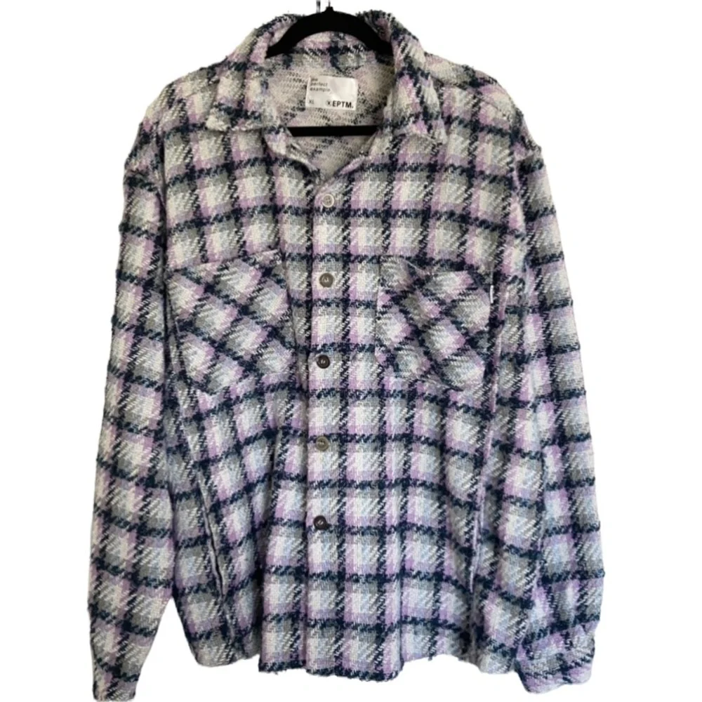 Knit Oversized Shacket EPTM Women’s XL Purple White Navy Blue Plaid
